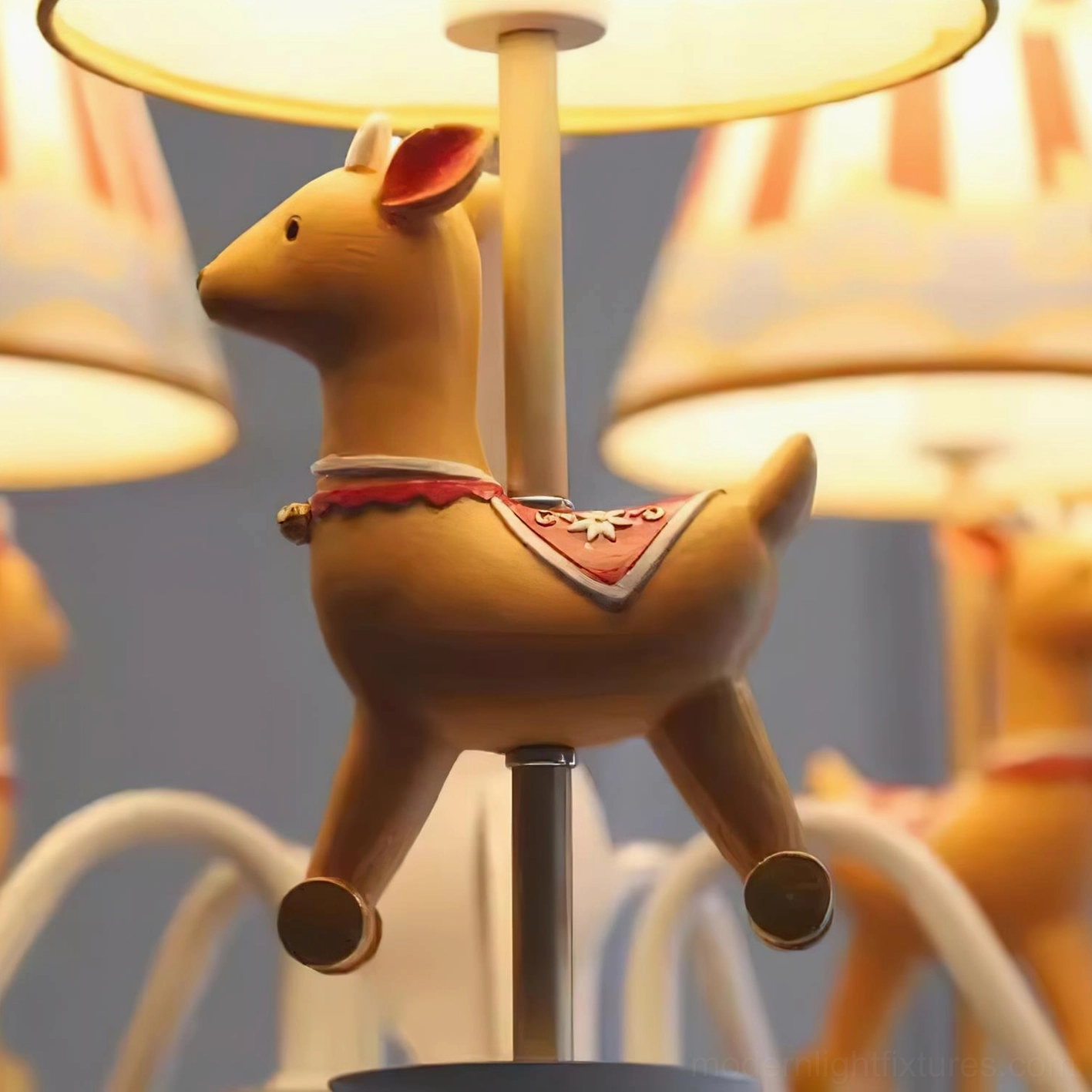 Carousel chandelier detail highlighting metal arms, animal figurine positioning, and fabric lampshade assembly craftsmanship