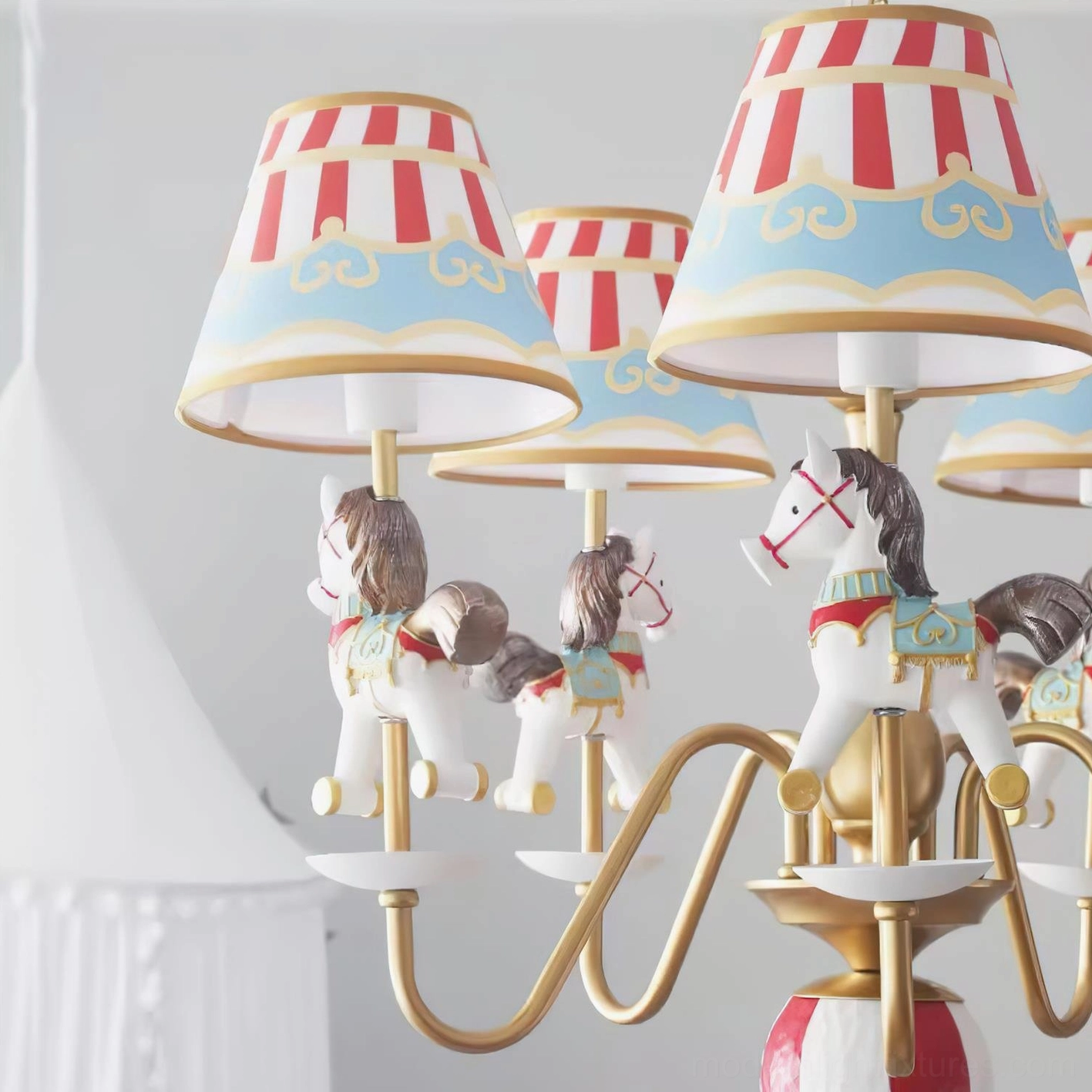 Carousel chandelier mounted ceiling view showing five-bulb lighting configuration and metal arms spreading to support lampshades