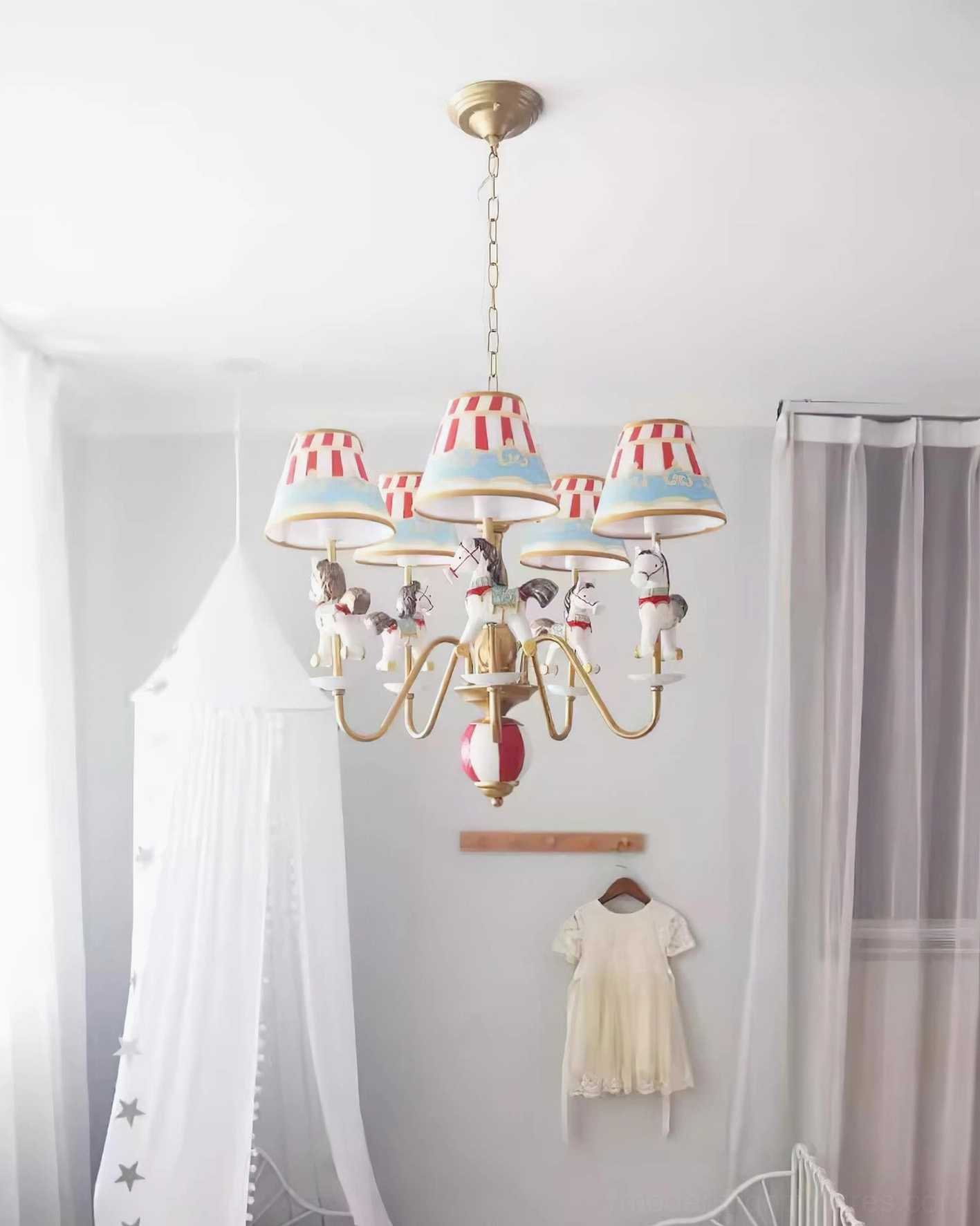 Carousel chandelier product showcase displaying color finish options and animal figurine variety in studio presentation