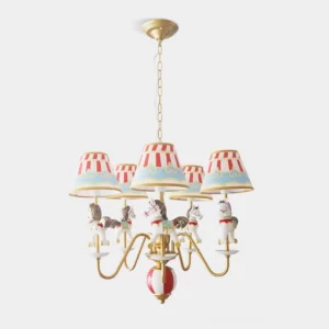 Circudia carousel chandelier with gold metal frame, striped tent lampshades, and miniature horse figurines displayed in studio setting