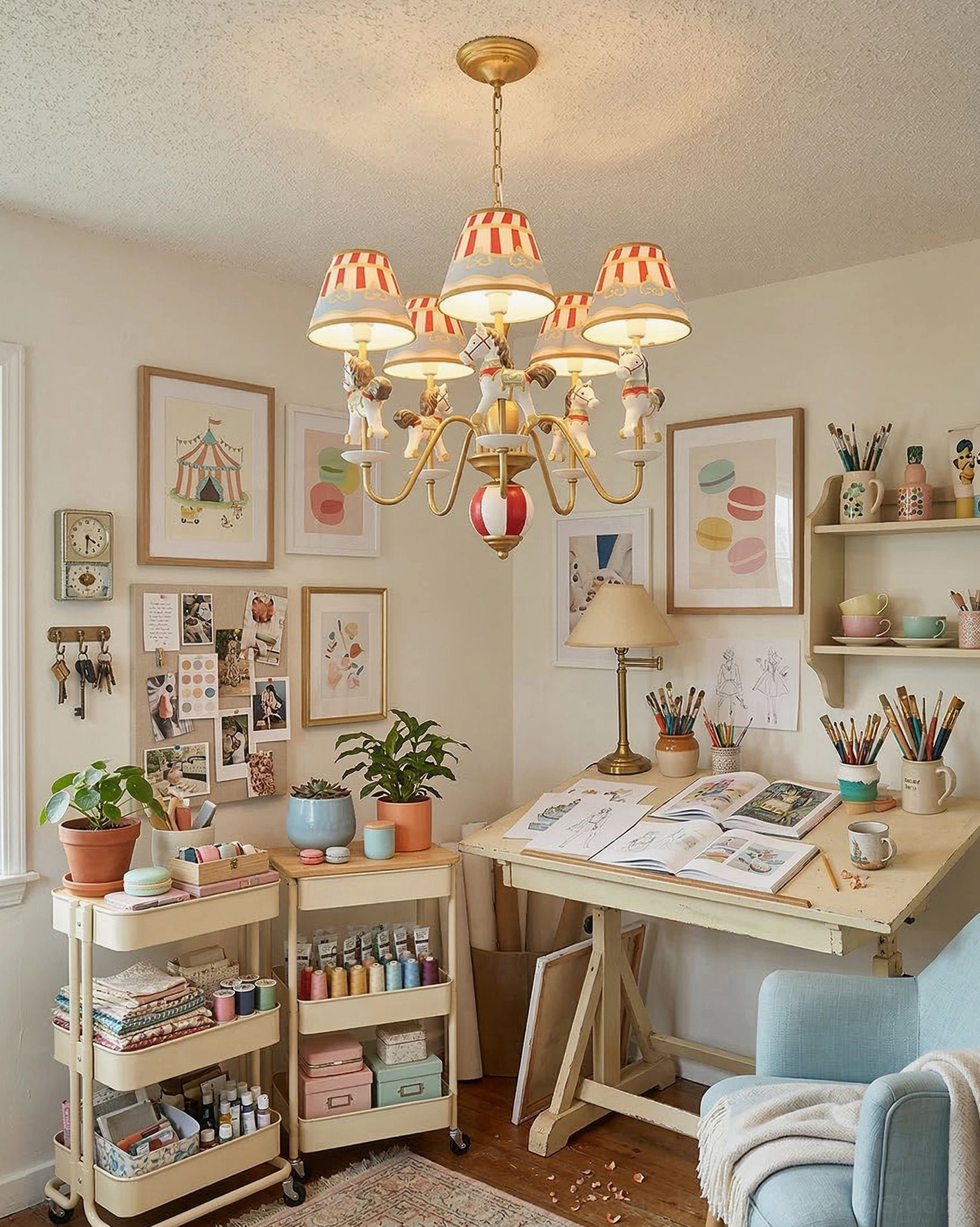 Carousel chandelier mounted in playful home office workspace, showing gold metal arms with striped shade details and animal accents