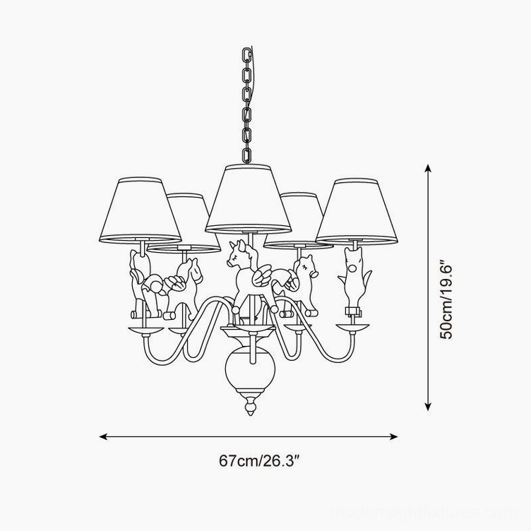 Carousel chandelier orthographic front view technical drawing with symmetrical arm layout and dimension markings