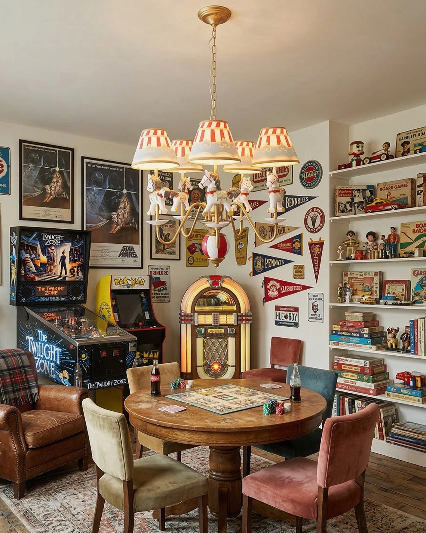 Whimsical carousel chandelier with red and white striped lampshades and graceful animal poses in children's creative space