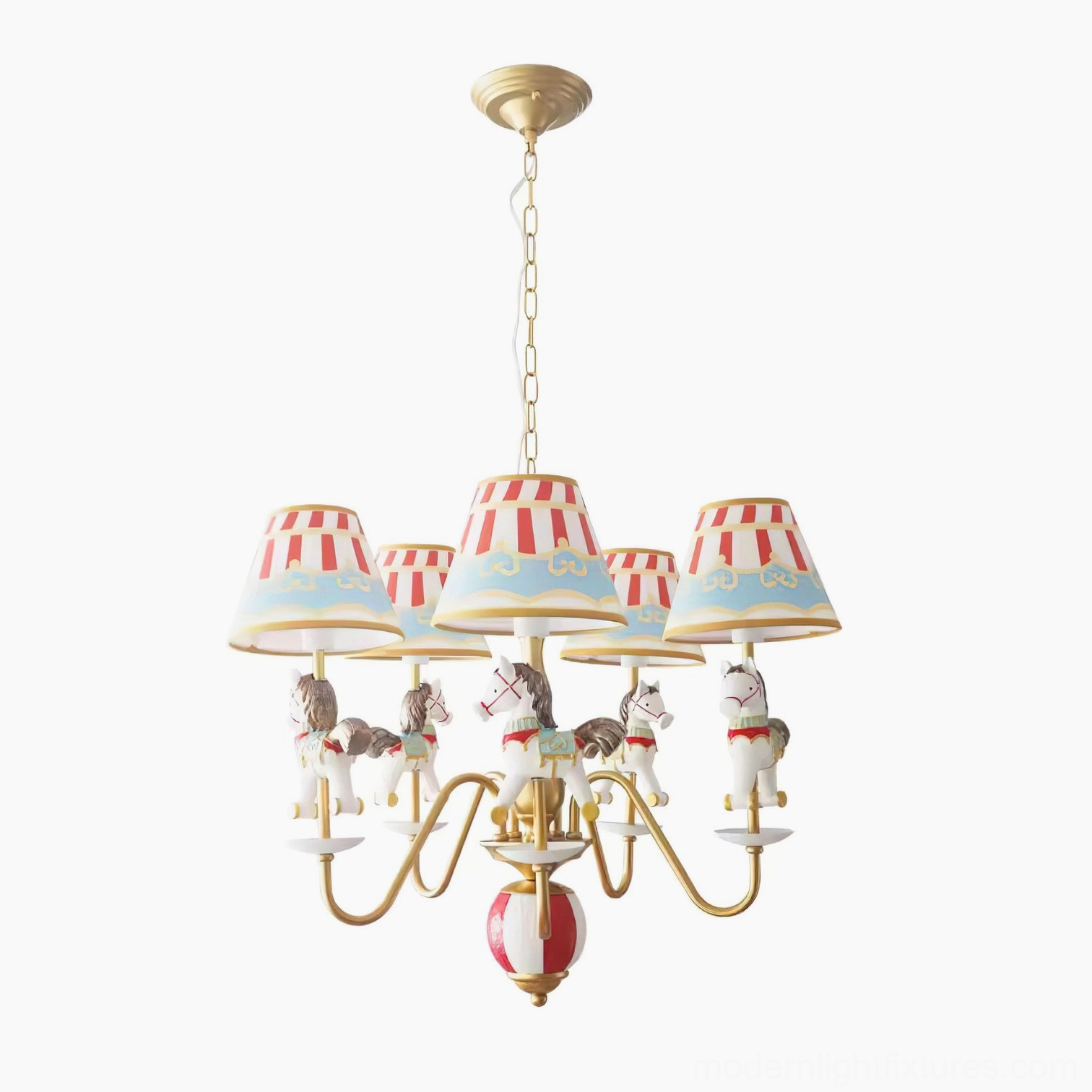 Carousel chandelier artistic rendering showing how playful fixture creates dimensional shadows and nostalgic carnival atmosphere in rooms