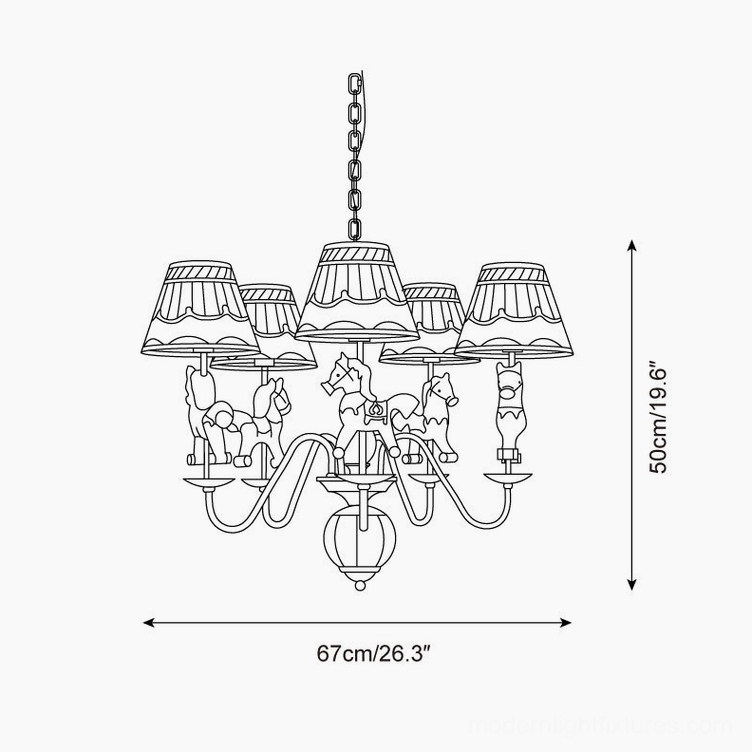 Carousel chandelier line drawing showing pleated lampshades, horse accents, and dimensional design specifications