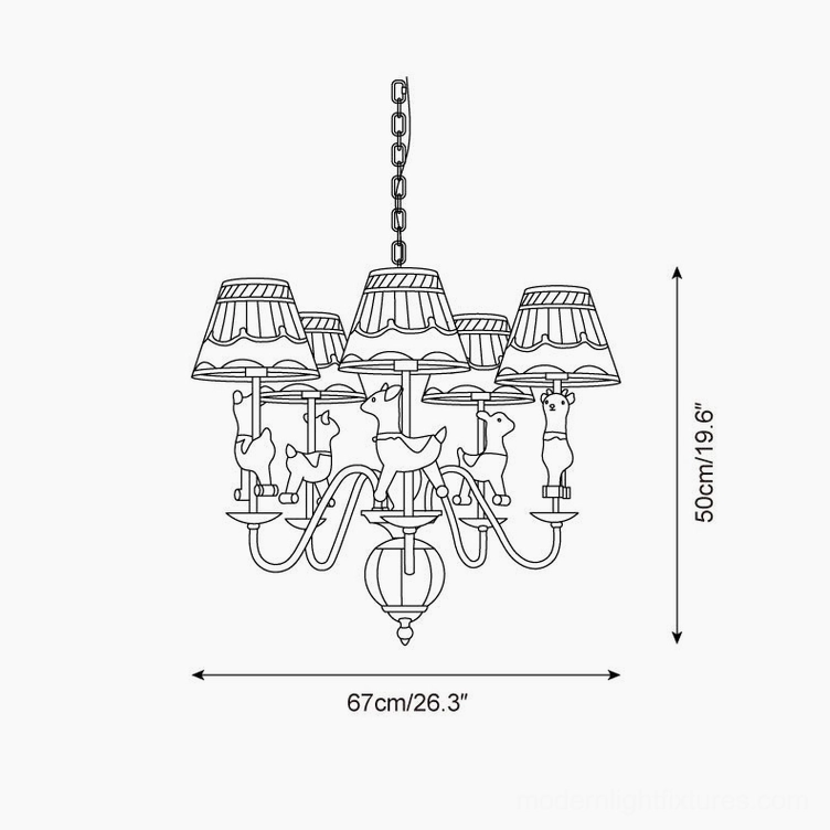 Carousel chandelier technical line drawing showing multiple lampshades, animal details, and standard dimensional specifications