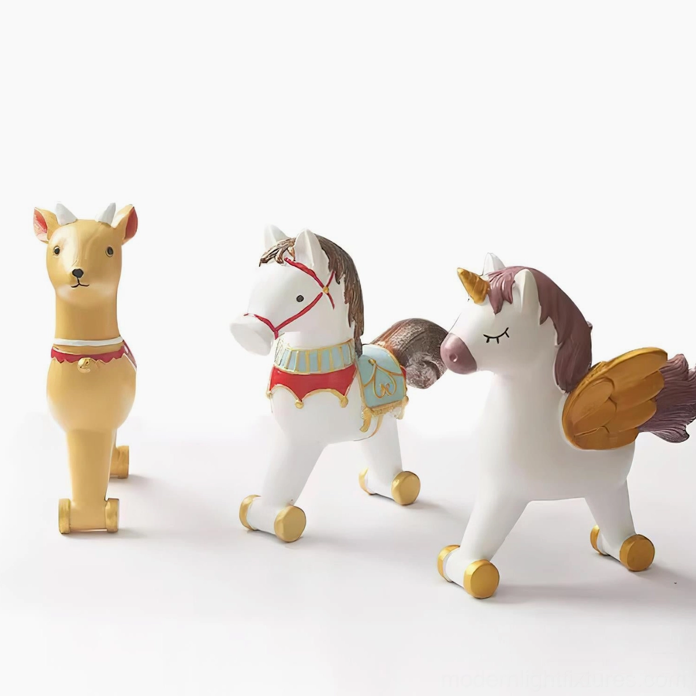 Carousel animal chandelier featuring winged unicorn and deer figurines with candy-colored accent lighting and striped shades