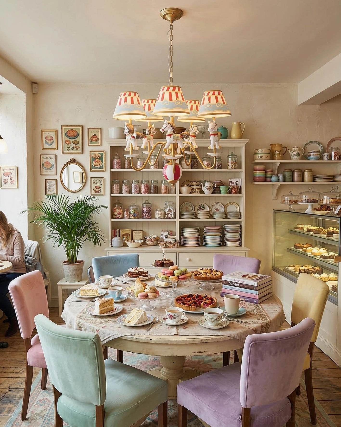 Playful carousel chandelier with vibrant striped lampshades and whimsical animal figurines in modern eclectic interior space