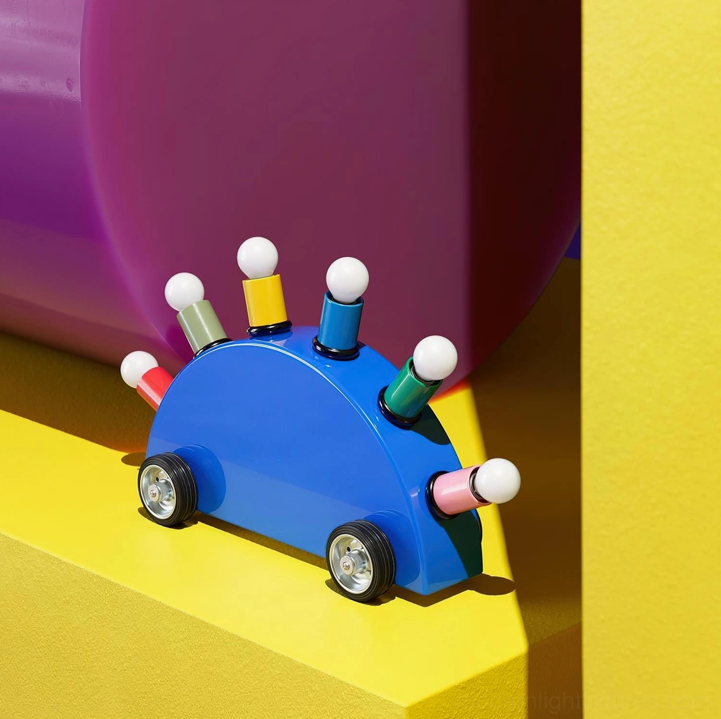 Blue cartoon car lamp on yellow purple geometric platform contrast color background