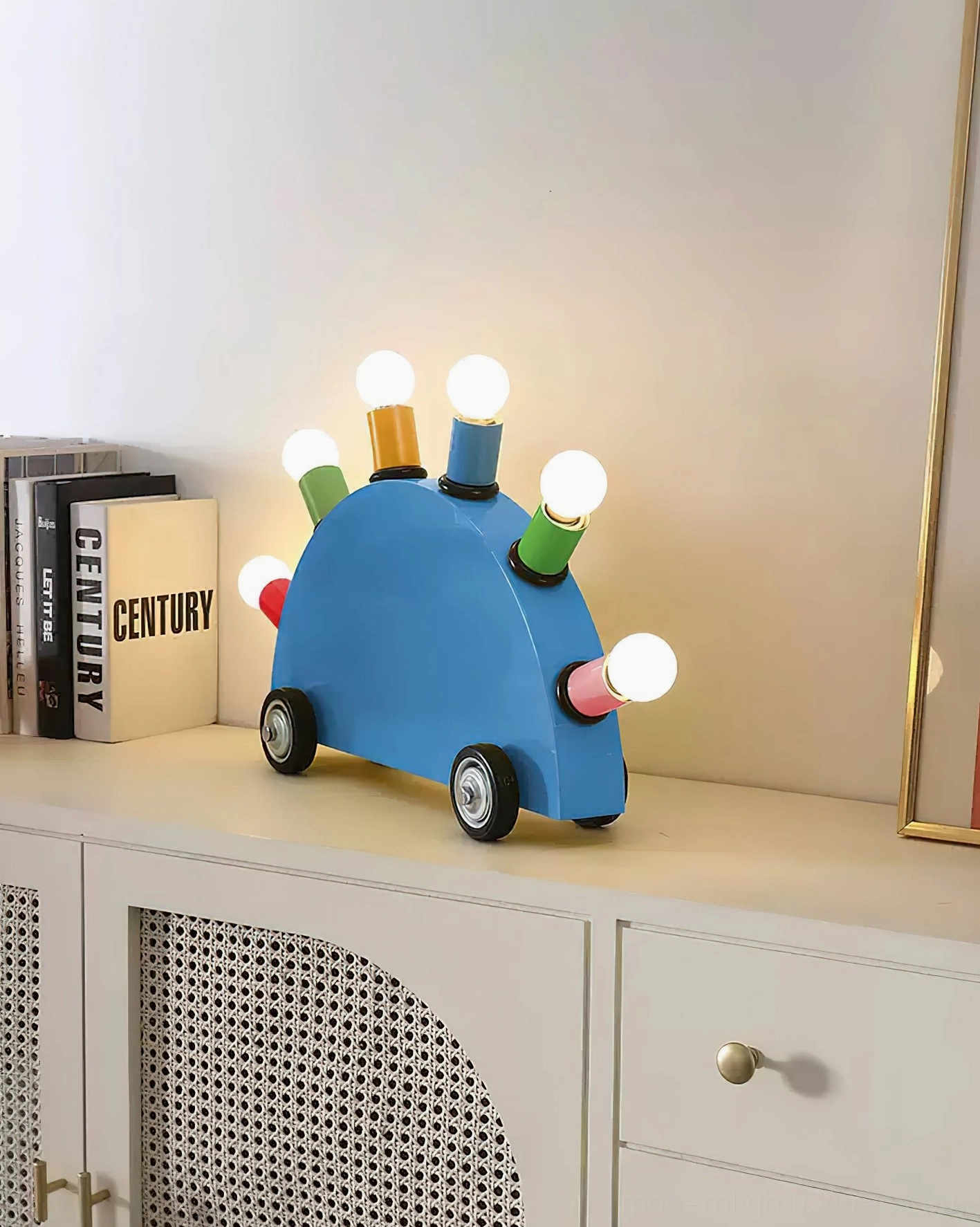 Blue cartoon car lamp side rear view Nordic home entrance with books and mirror decor