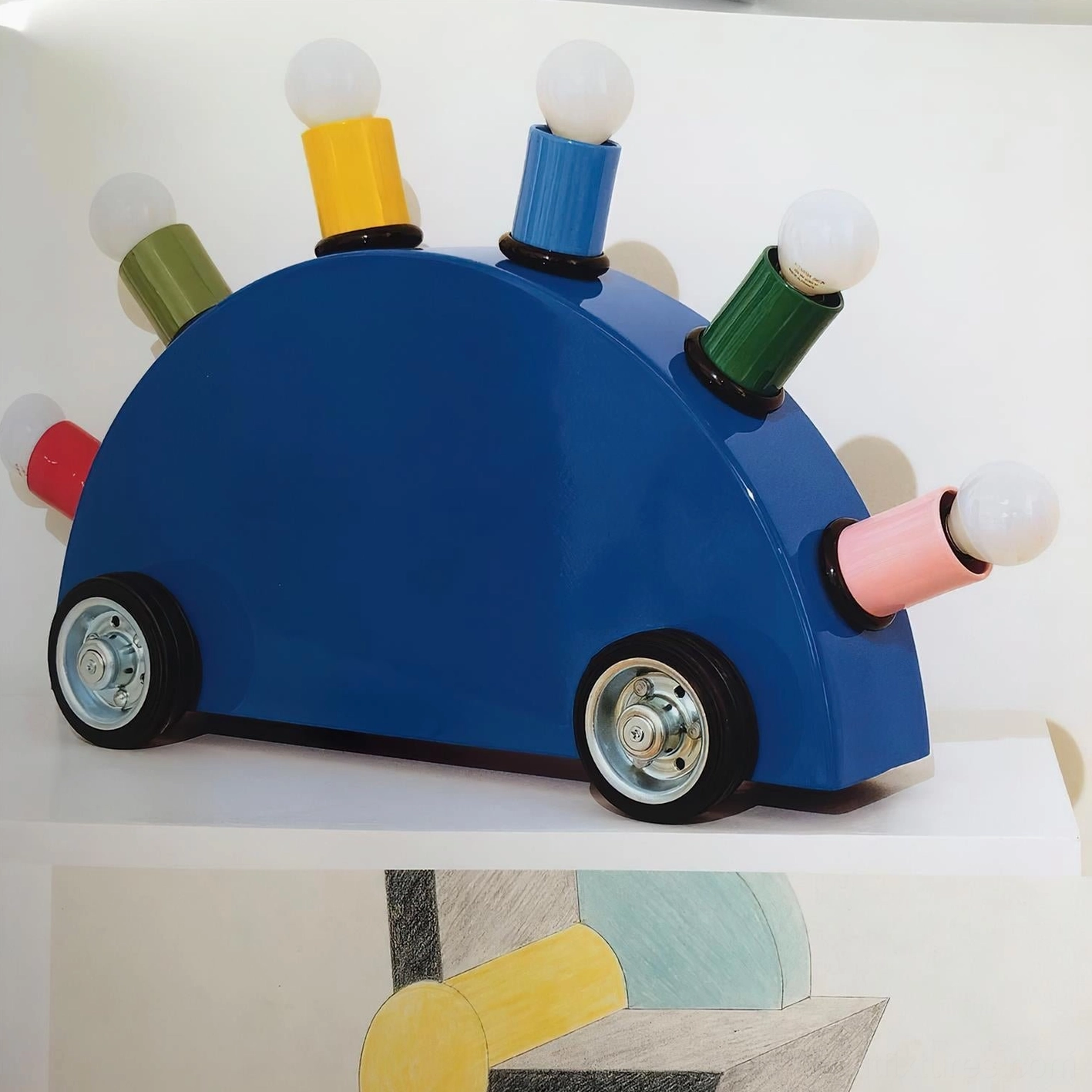 Cartoon car lamp Scandinavian interior design neutral palette playful contrast accent