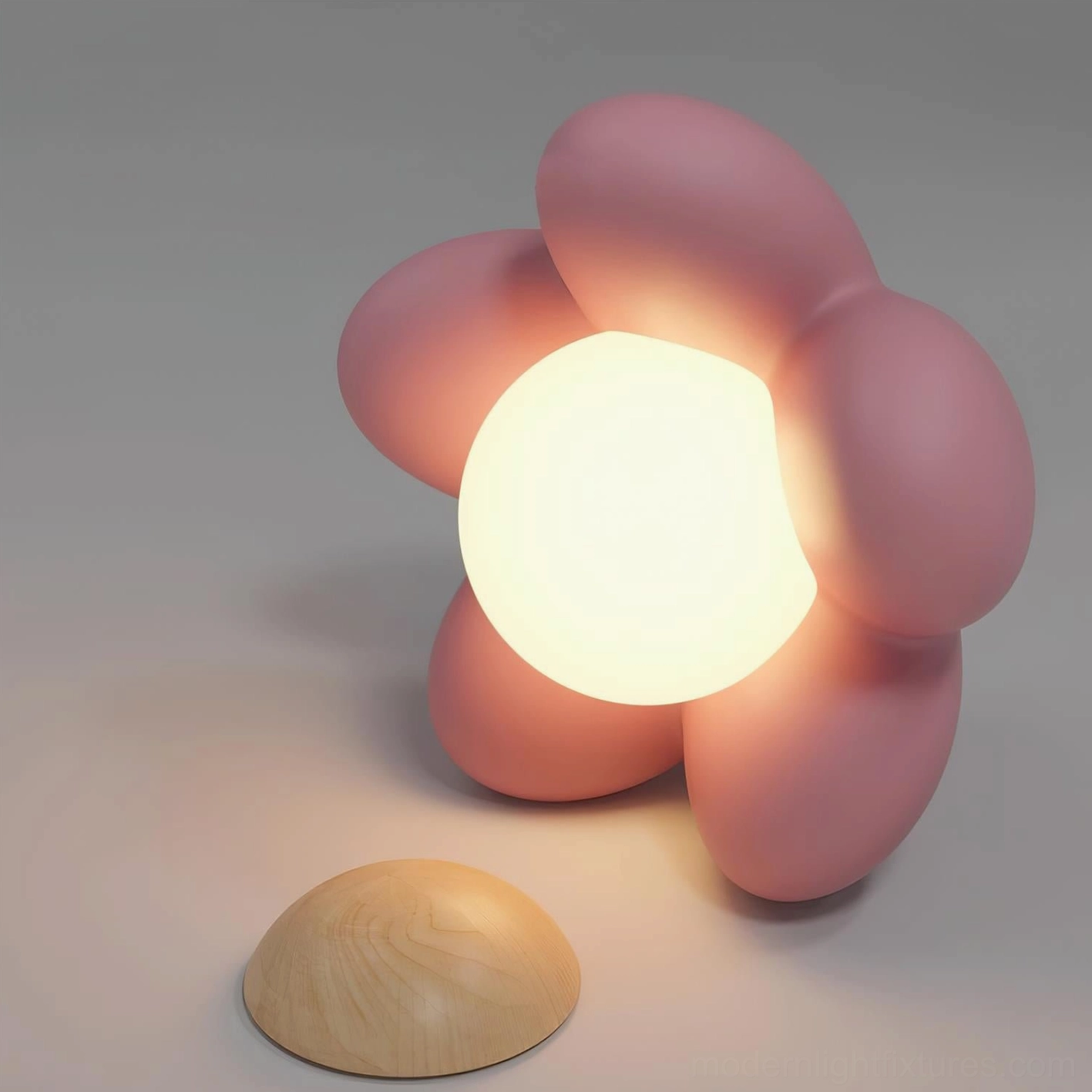 Cartoon-style flower table ceiling light with pink five-petal design and glowing round bulb, close-up side view