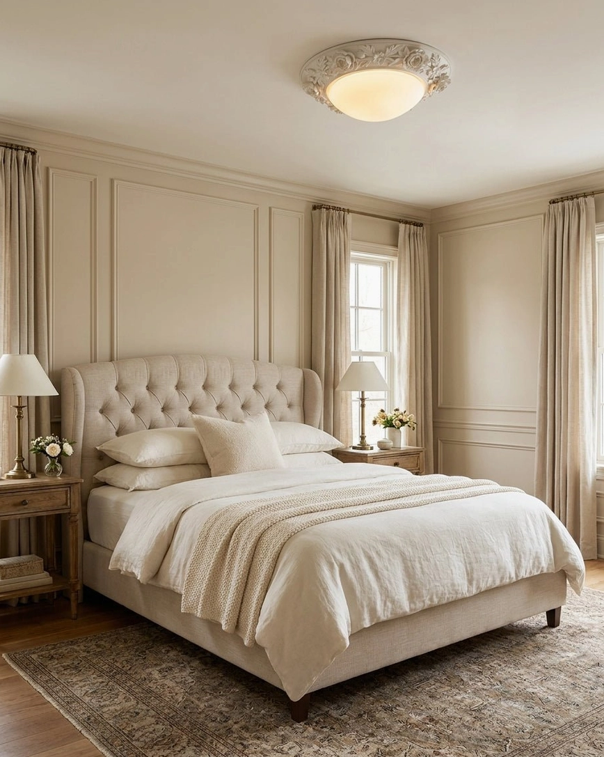 Hand-carved floral ceiling flush light in master bedroom with tufted upholstered bed and floor-length curtains, warm lighting