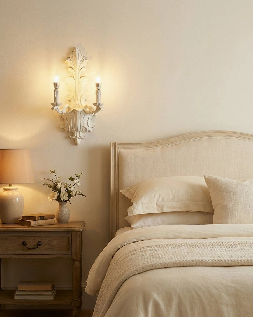 Single carved wall sconce above bedroom nightstand providing warm ambient accent lighting
