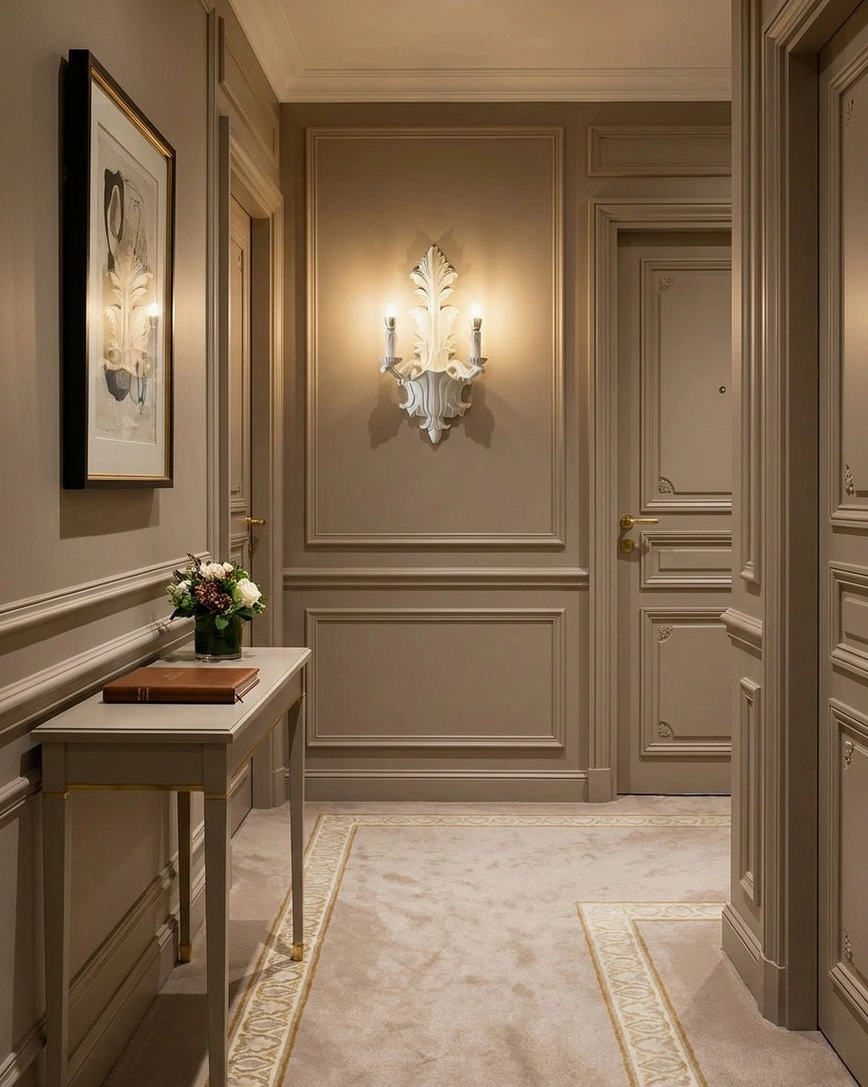 Single matte white carved wall sconce on hallway paneled wall with decorative console table