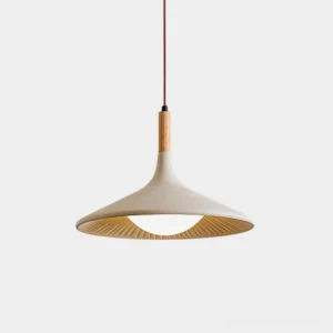 Modern cascade breeze pendant light with conical cement shade and natural wood accent, studio front overhead view showing ribbed texture and light beige finish