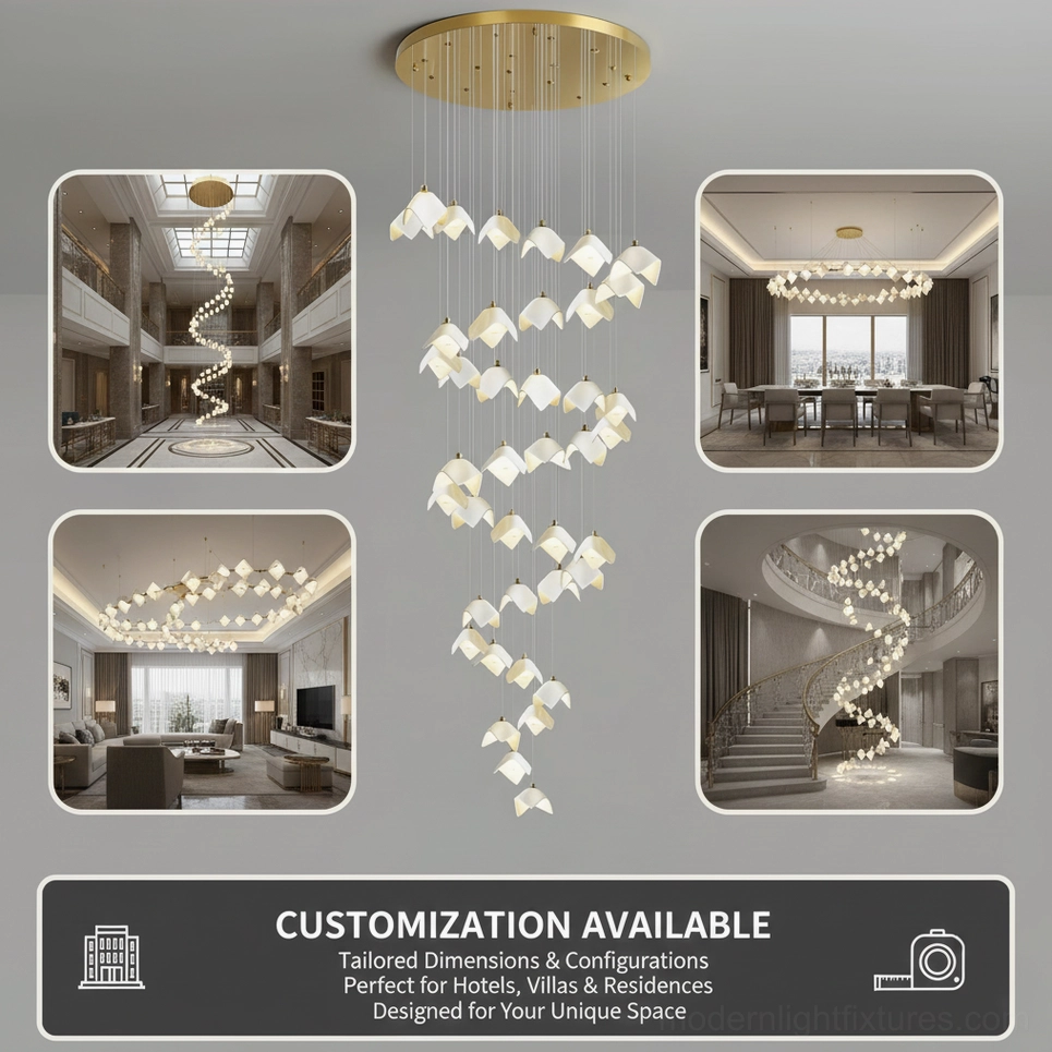 Cascading bloom chandelier customization options including model variants and color selections for bespoke installations