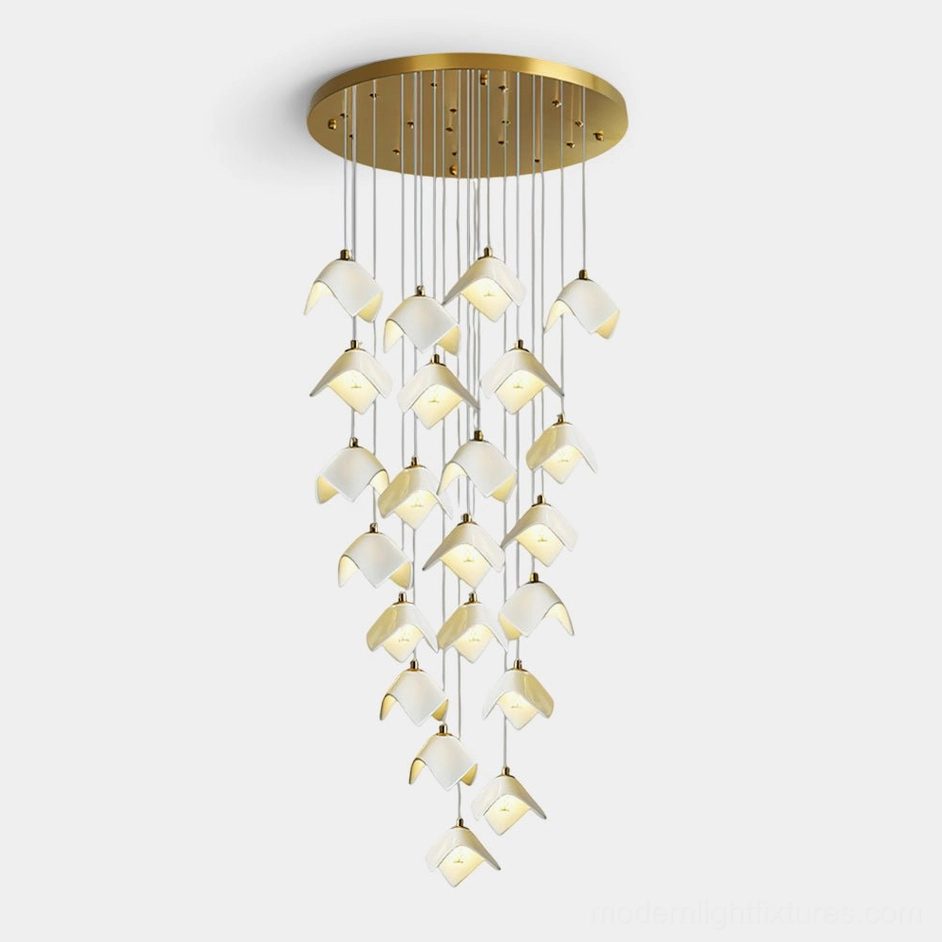 Cascading Bloom modern floral pendant chandelier with bell-shaped ceramic shades and brushed gold metal frame on white background