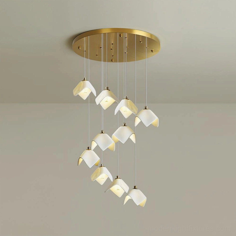 Multiple cascading bloom chandelier sizes arranged showing range from 7-head to 64-head configurations