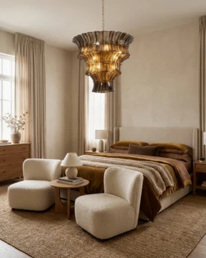 Cascading glass chandelier hanging overhead in master bedroom, warm amber-toned glass, luxury interior design with neutral decor