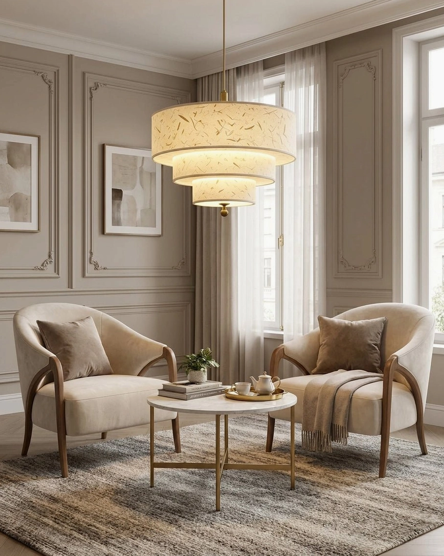 Elegant sitting area with three-tier cascading drum pendant, traditional neoclassical interior design styling