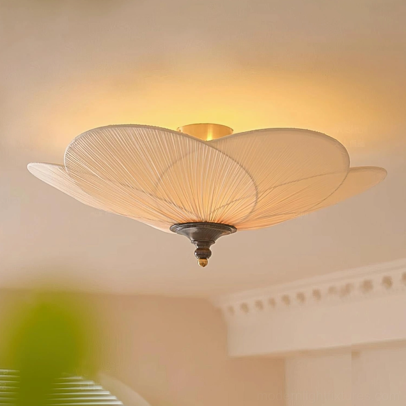 Caserta beige and walnut color flush mount ceiling light in modern home interior