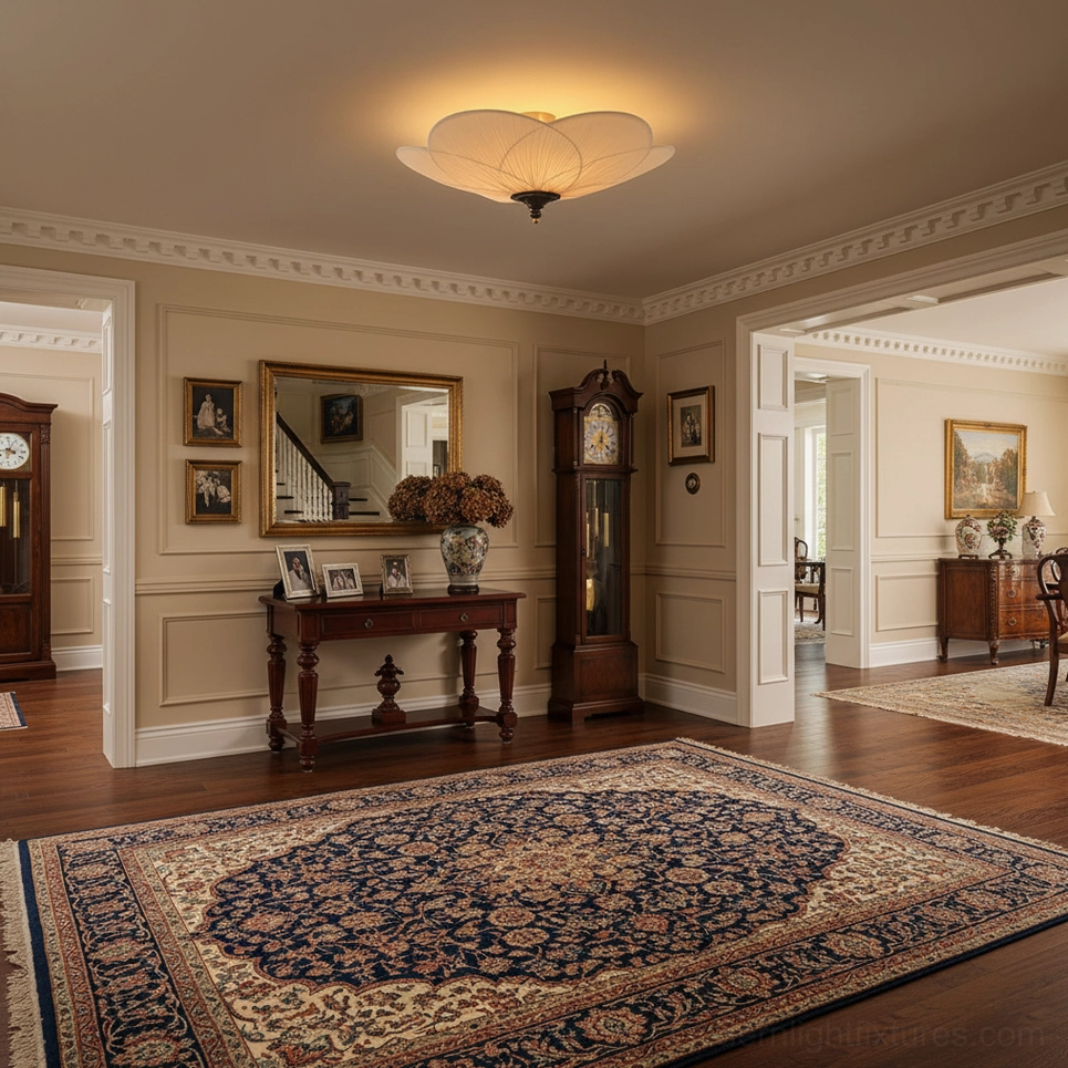 Caserta pleated fabric shade ceiling light showing botanical inspired design and diffused glow