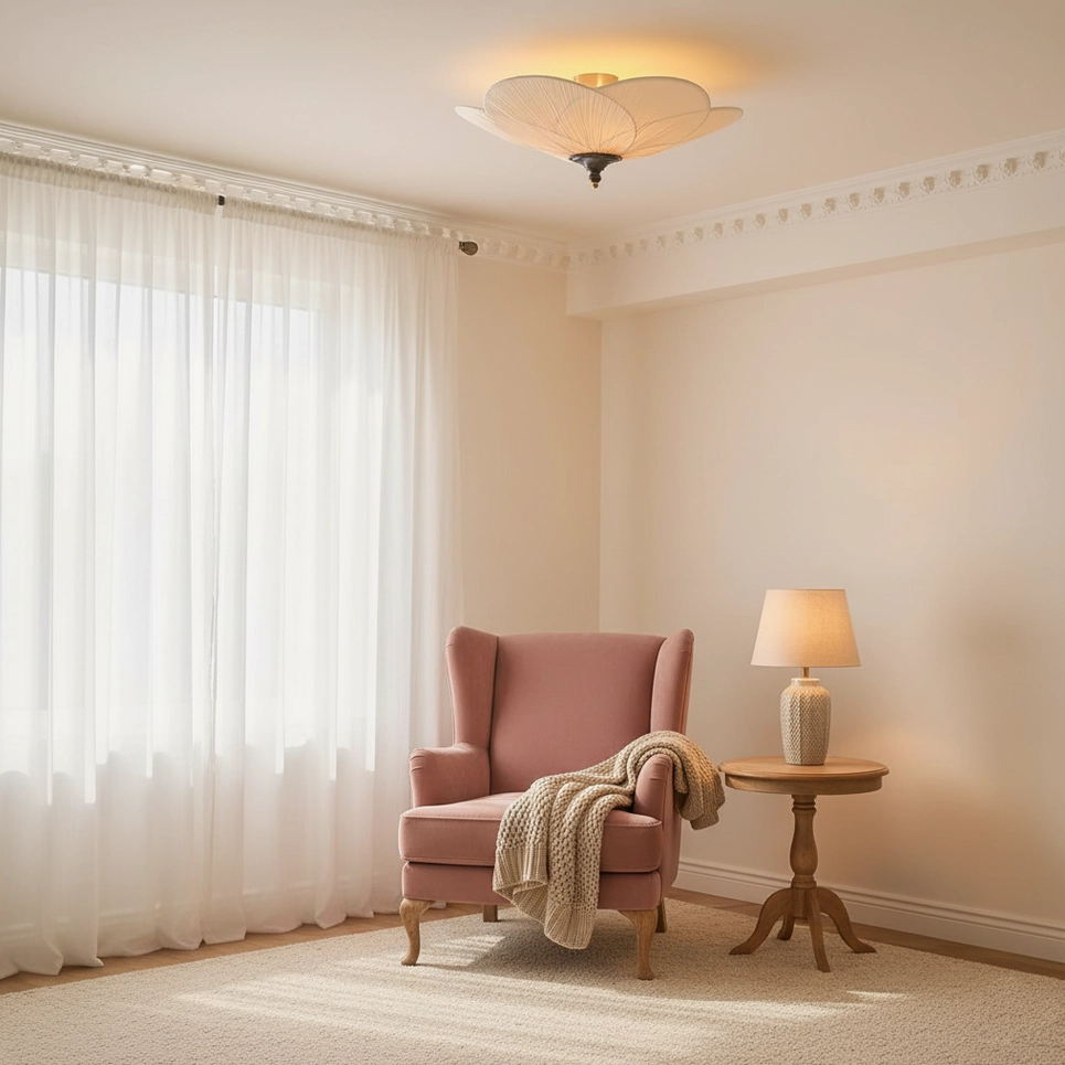 Caserta pleated ceiling light illuminated in cozy vintage bedroom with armchair and side table