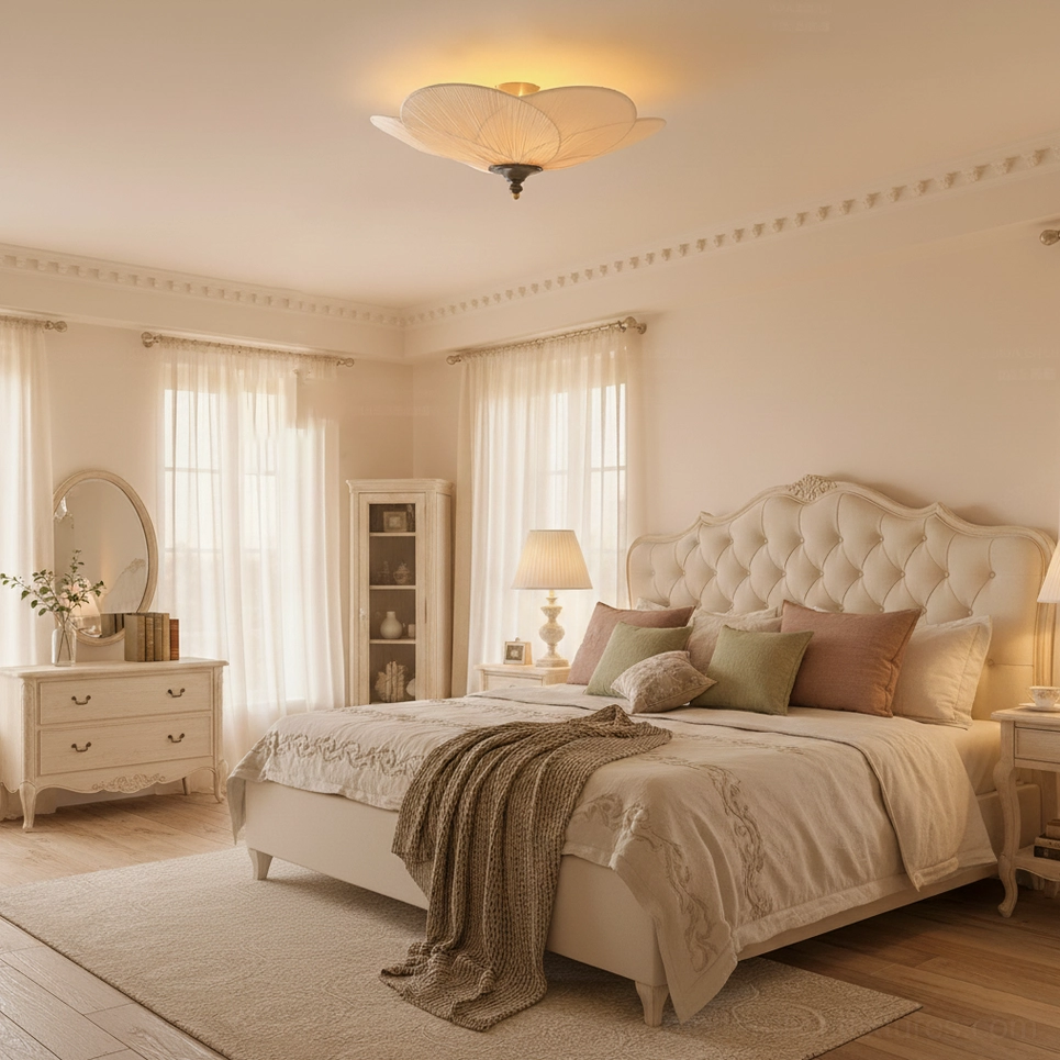 Caserta pleated fabric ceiling light in luxury master bedroom with tufted bed and vanity