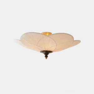 Caserta pleated fabric flush mount ceiling light front view with petal-shaped beige shade and black metal base