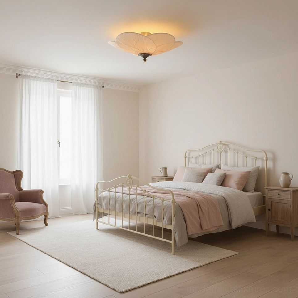 Caserta flush mount ceiling fixture in French country style bedroom with warm ambient lighting
