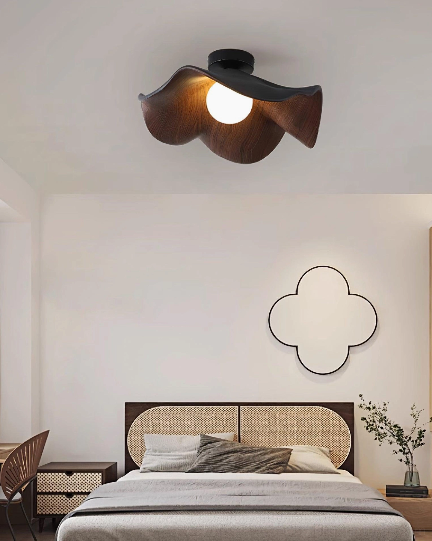 Casia black ceiling light fixture with resin globe in modern minimalist bedroom