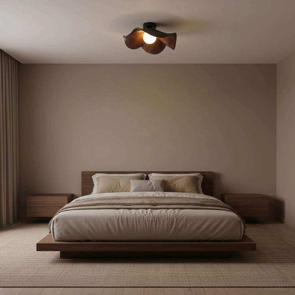 Casia modern ceiling light with resin globe texture detail and wood-grain frame close-up