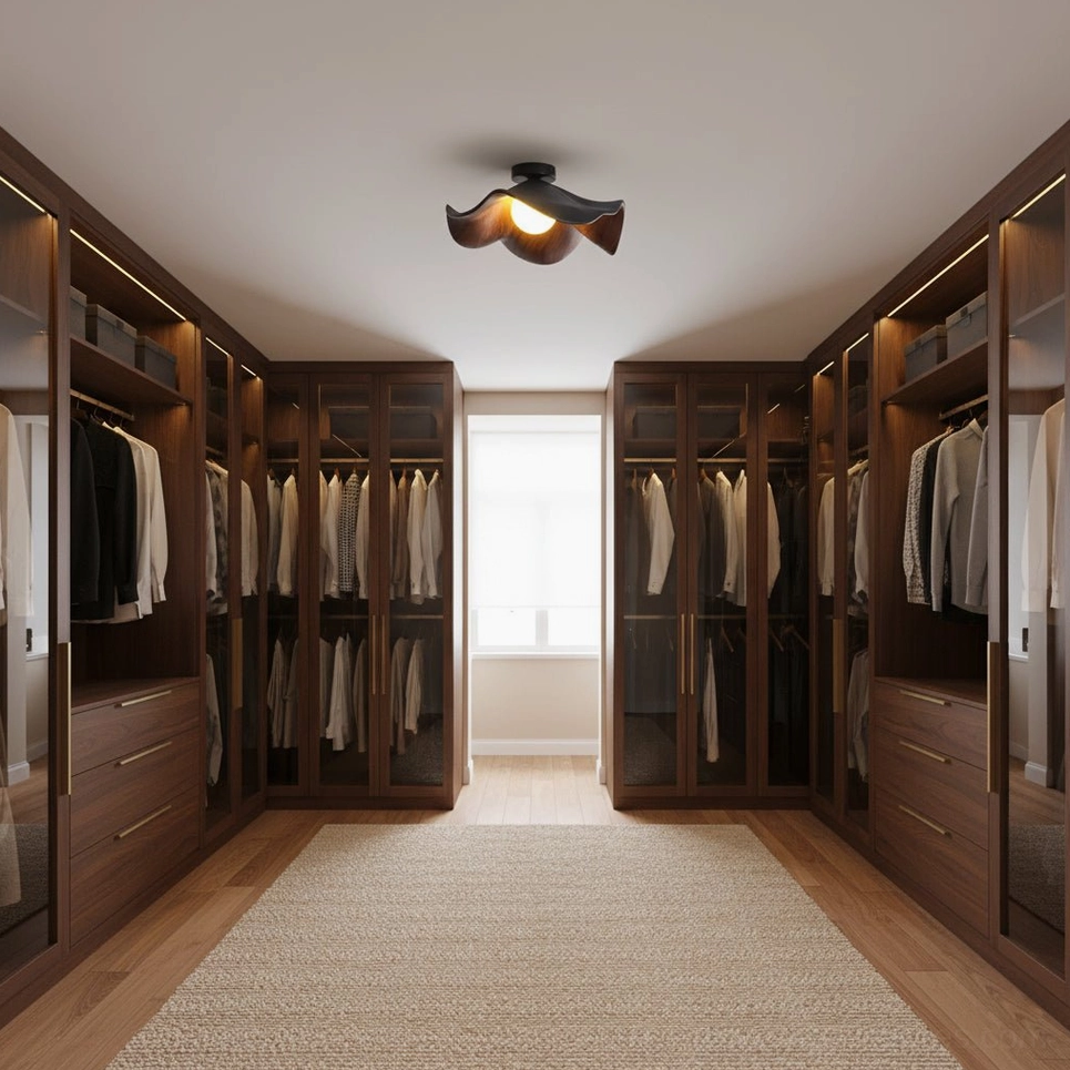 Casia walnut wood-grain ceiling light in walk-in closet with built-in wardrobes
