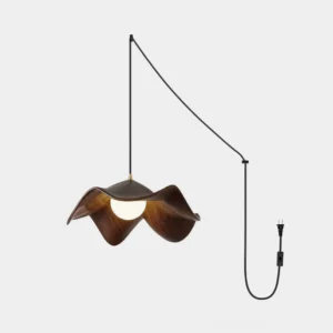 Casia plug-in pendant lamp with lotus leaf botanical water-transfer printing, dark walnut resin shade, studio front view
