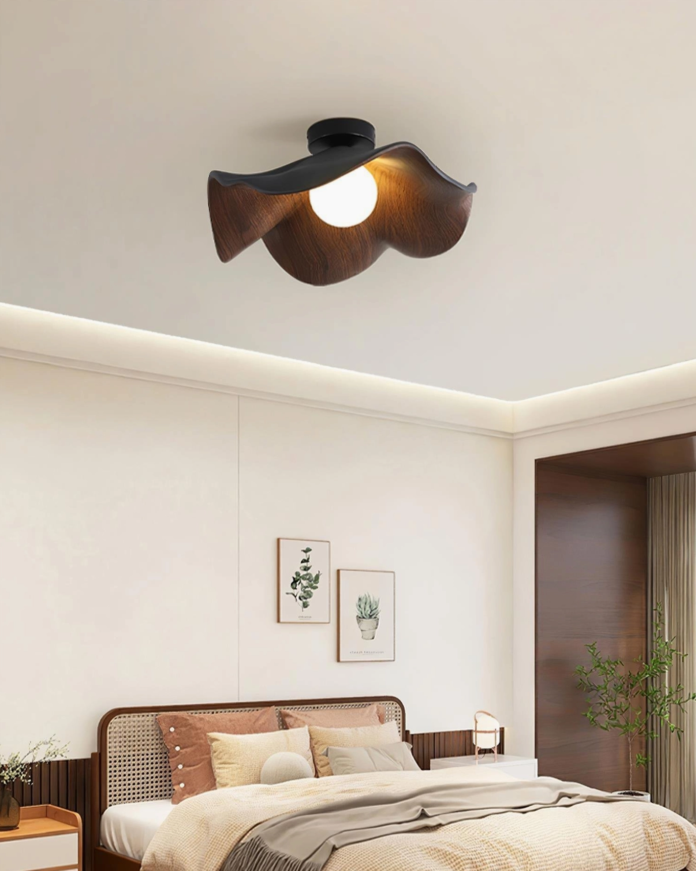 Casia dark walnut ceiling light fixture in master bedroom with white bedding and warm interior light