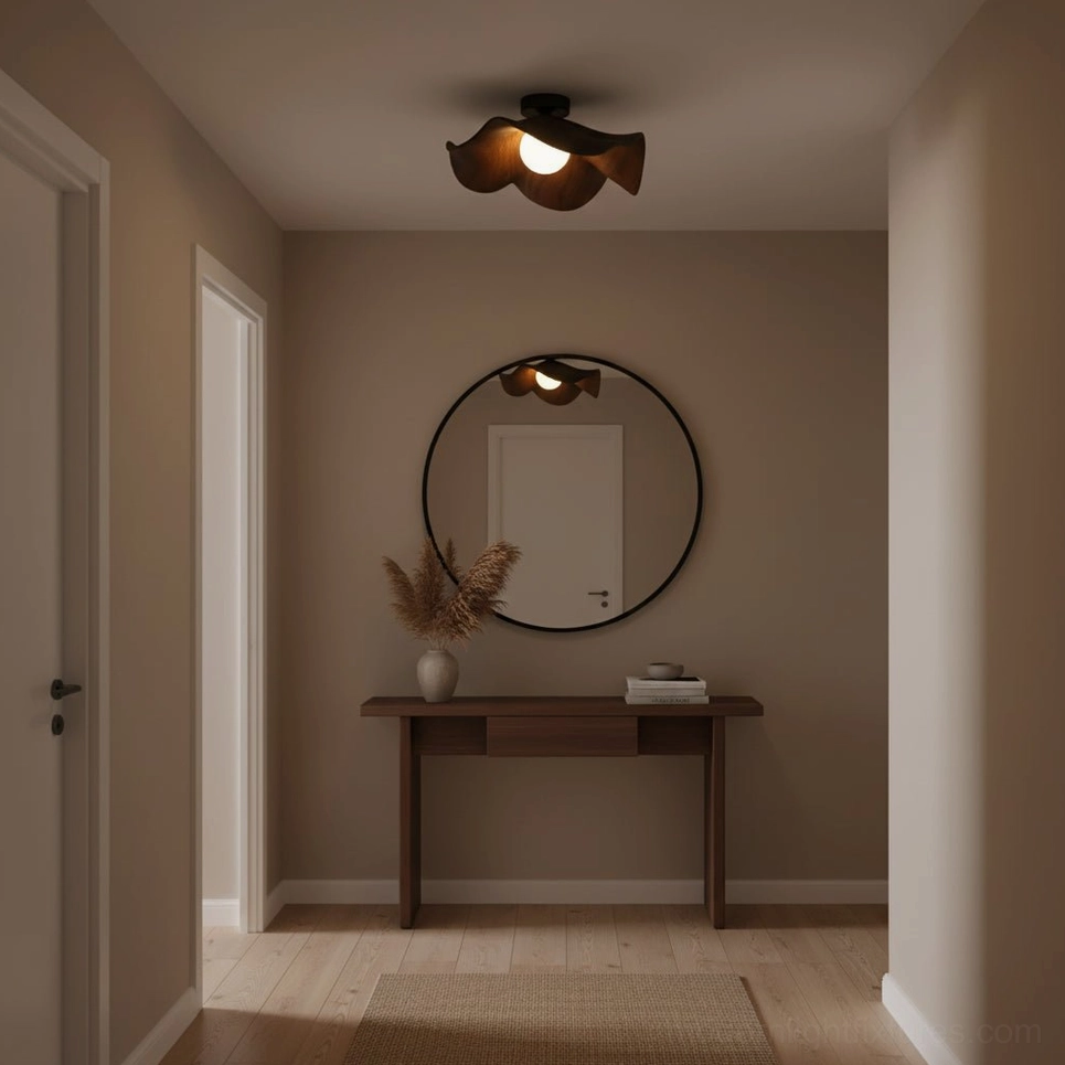Casia dark walnut ceiling light in residential entryway with console table and round mirror