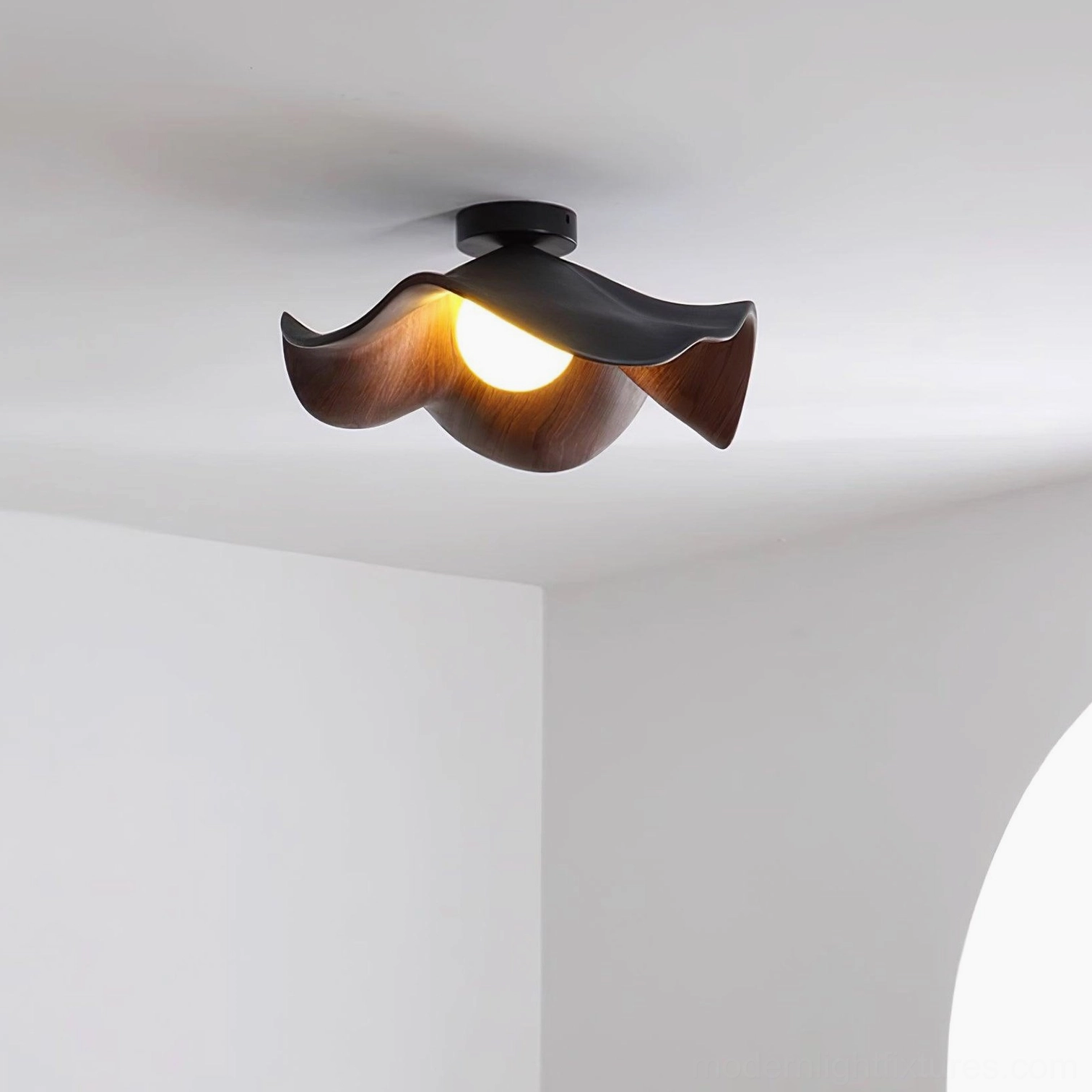 Casia walnut ceiling light fixture in hallway with architectural wall details