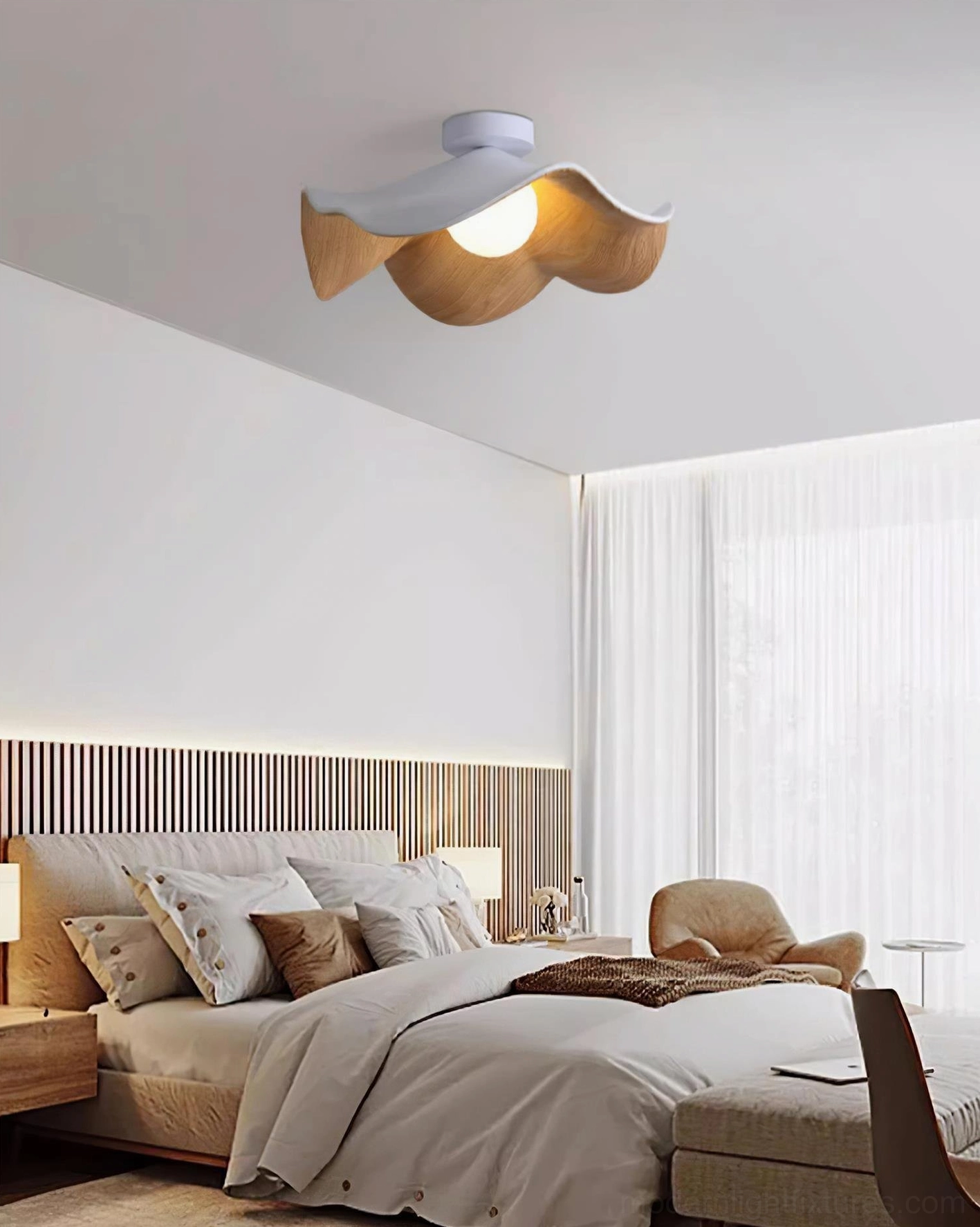 Casia walnut ceiling light with textured resin dome in residential interior design