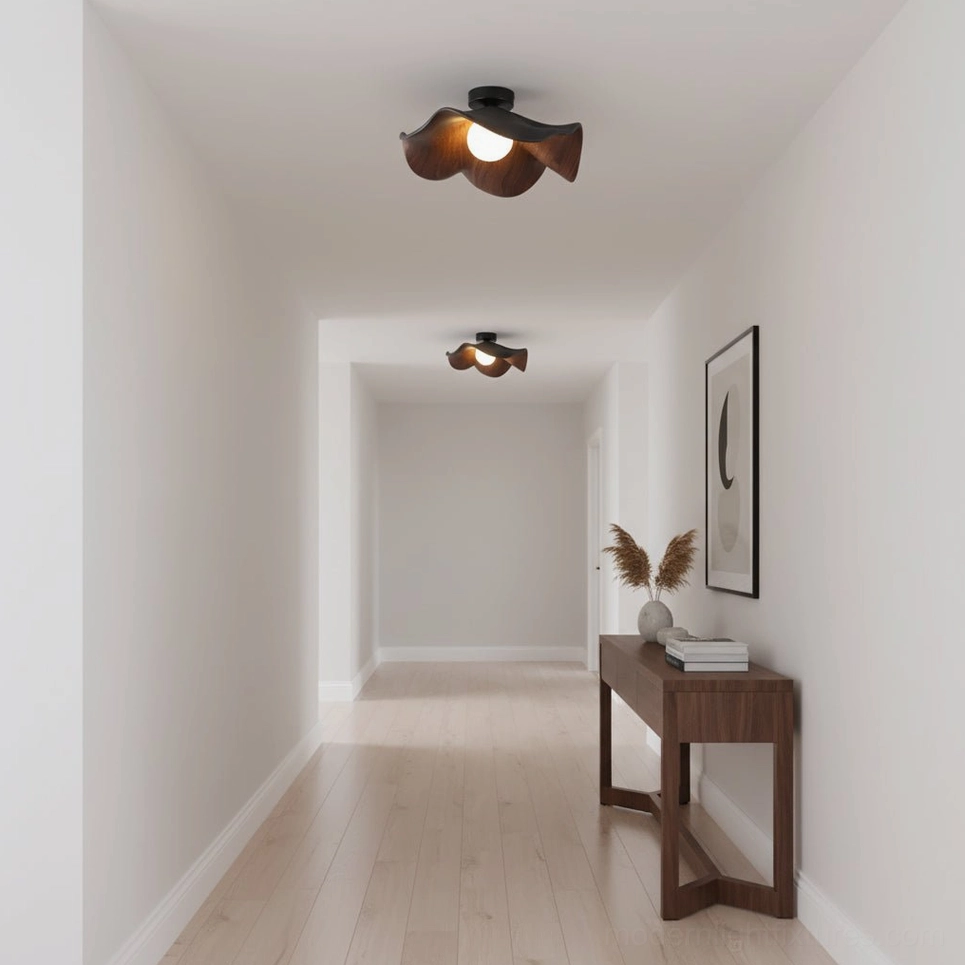 Casia dark walnut ceiling lights installed in residential hallway with console table and wall art