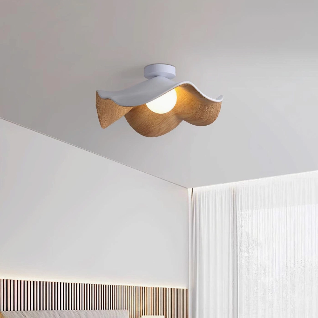 Casia white wood-grain ceiling light mounted in small modern bedroom with minimalist decor