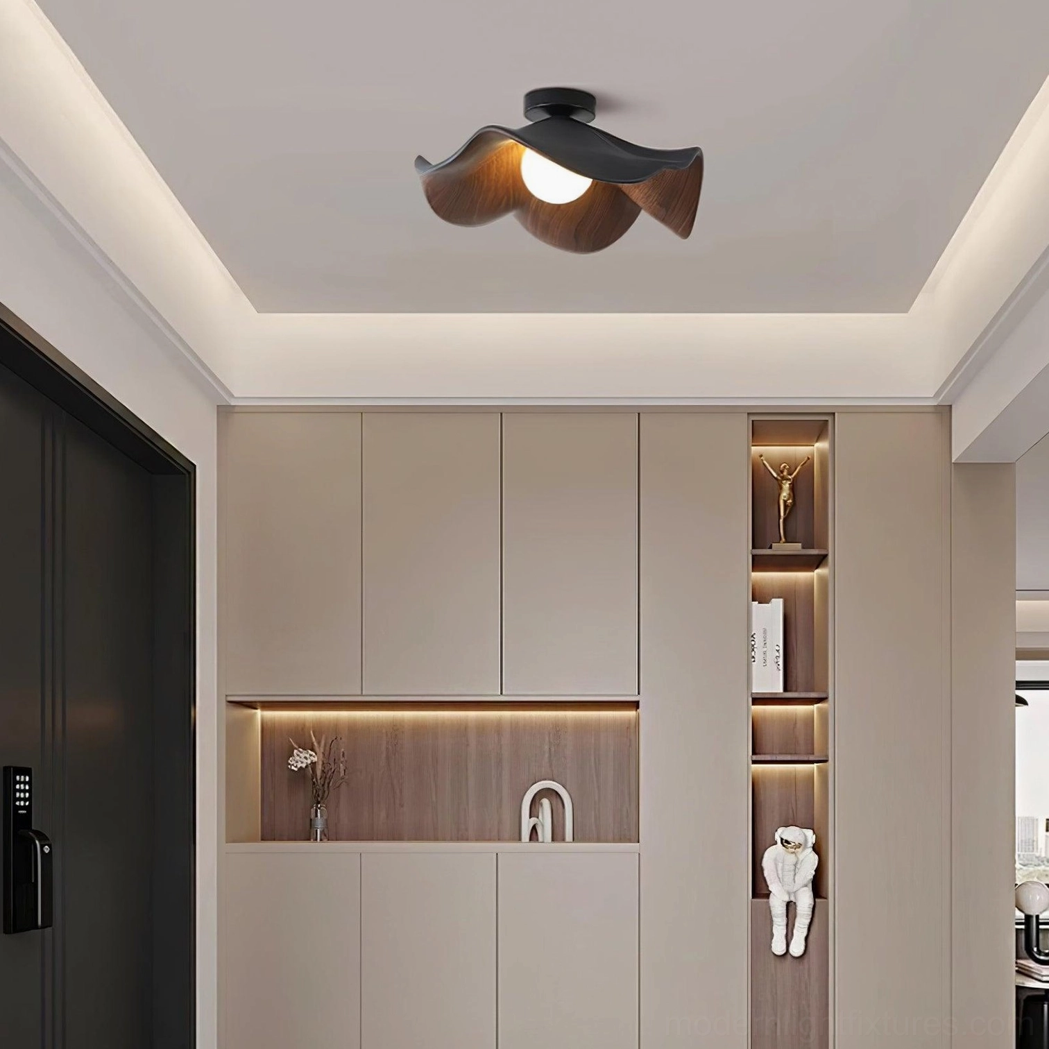 Casia white ceiling light with wood-grain frame in modern bedroom space