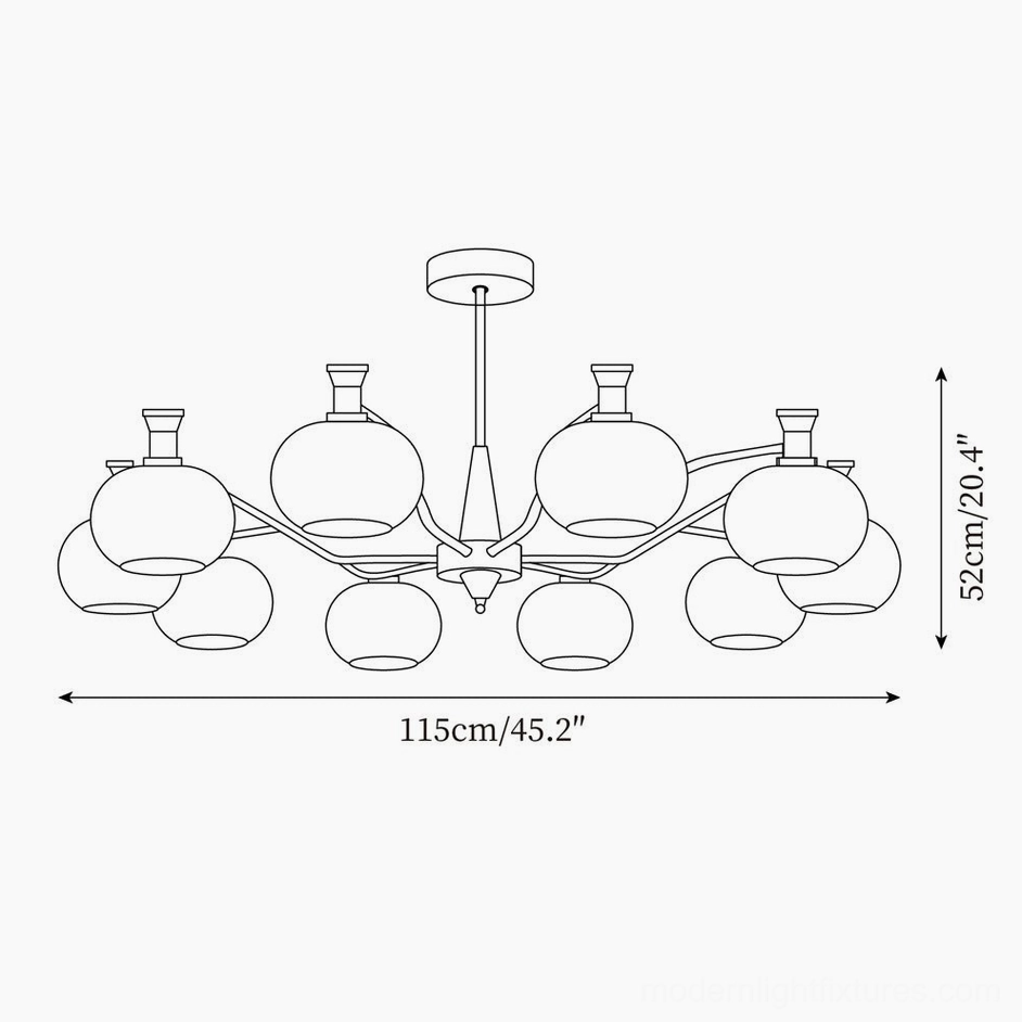Cassia 10-head chandelier technical schematic showing 115cm diameter and 52cm height specifications