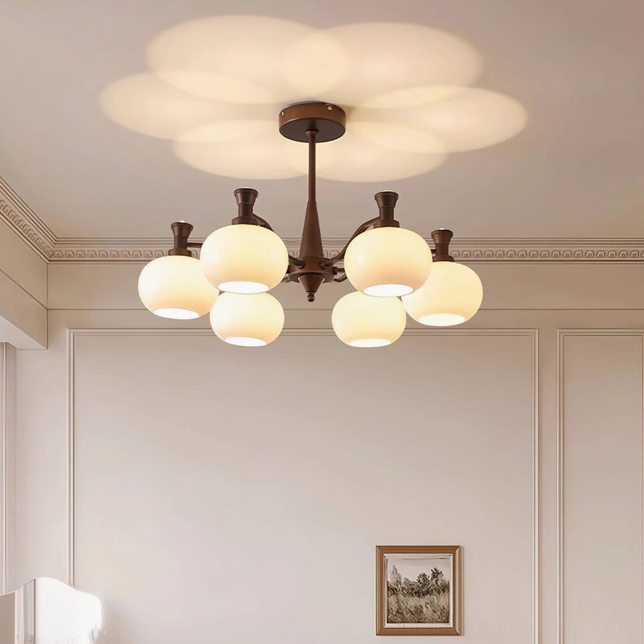 Cassia 6-head compact chandelier in minimalist vintage bedroom with soft warm lighting and spherical glass shades