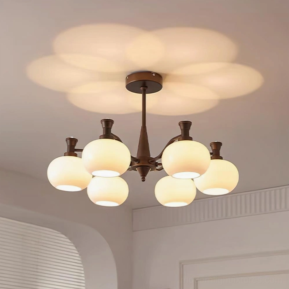 Cassia 6-head chandelier with dark brown metal frame and frosted opal glass, overhead ceiling view