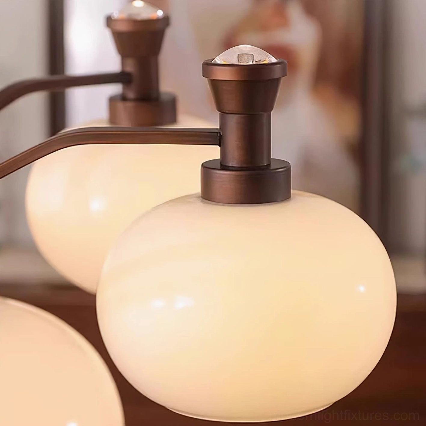 Cassia 6-head compact chandelier in small space bedroom with warm inviting glow and minimal footprint