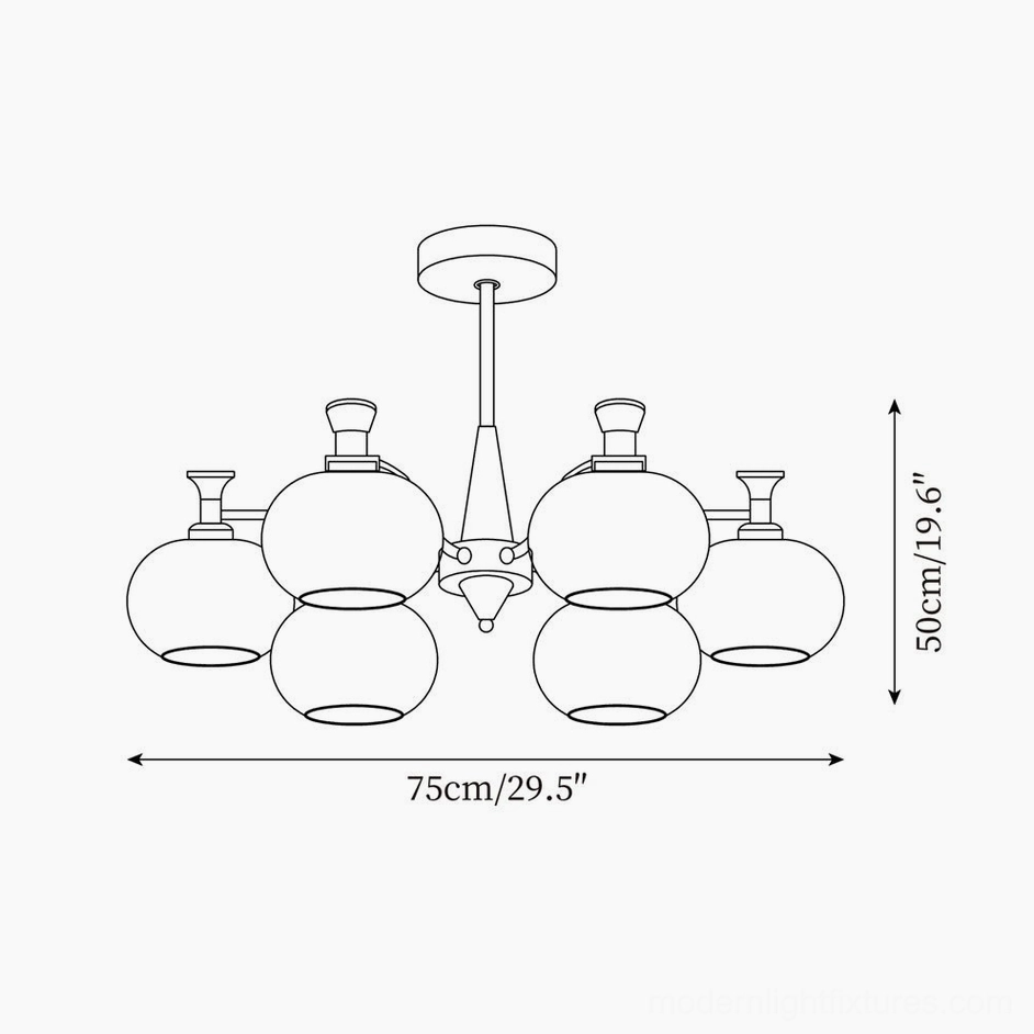 Cassia 6-head chandelier technical drawing schematic with dimensions 75cm diameter by 50cm height