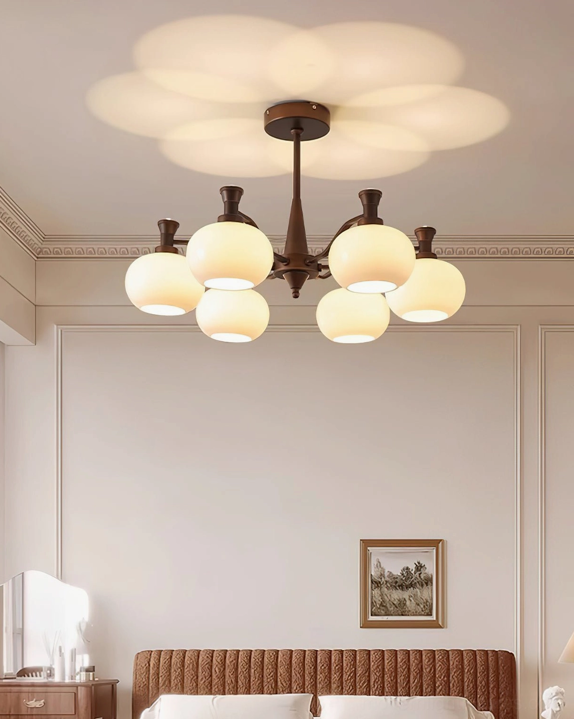 Cassia 8-head chandelier suspended in vintage bedroom ceiling with warm light, dark brown metal frame design