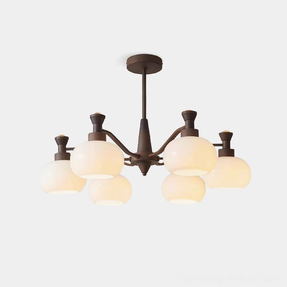 Cassia Modern Chandelier with 8 opal glass shades and dark brown metal frame, front product view on white background