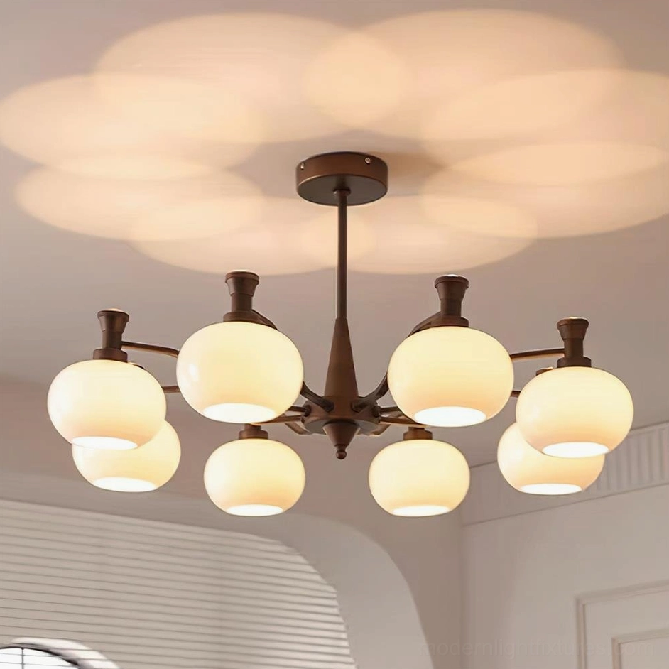 Cassia 8-head chandelier suspended view showing balanced arm structure and light projection pattern